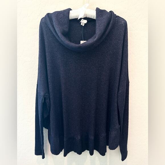 ANTHROPOLOGIE | Navy Metallic Ruffle Hem Cowl Neck Sweater NWT | Size M/L - Picture 1 of 9